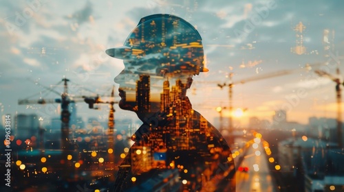 Artistic double exposure of a man's silhouette with cityscape and cranes at sunset