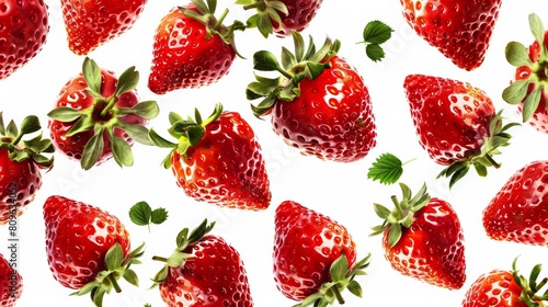 A repeating design of red, ripe strawberries scattered across a white background