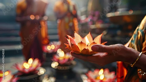 hands holding a crafted burning lotus candle for offering in a temple, with monks in the temple in the background, 
