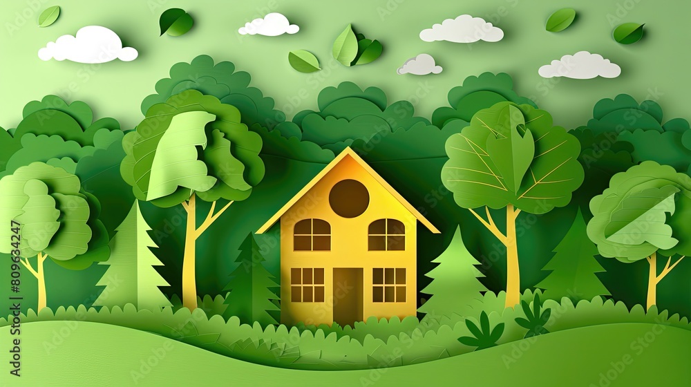 Naklejka premium A yellow house is surrounded by trees and grass