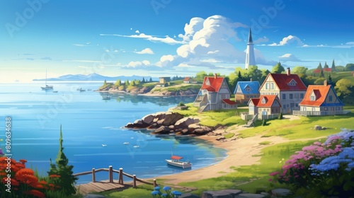 Calm coastal village watercolor illustration - Generative AI. Coast, sea, houses, nature, sky.