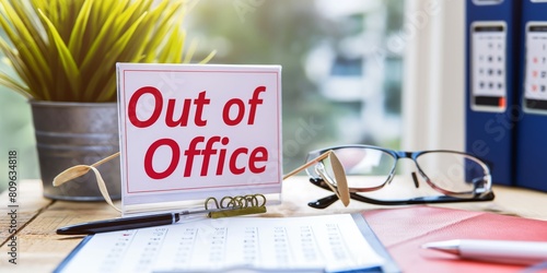 A clear 'Out of Office' sign displayed on a well-arranged desk suggesting absence photo