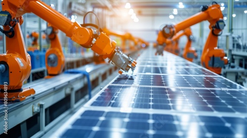 Robots working on solar panels in a factory.