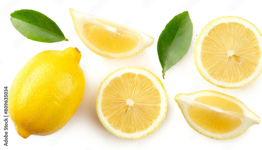 Zitrone stücke set collection isoliert auf weißen Hintergrund, Freisteller, draufsicht 