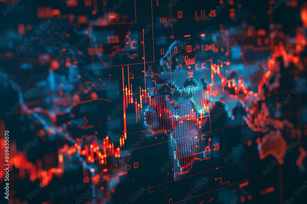 Fototapeta premium A stock market graph overlaying a digital map represents a financial crisis with a bearish trend in a digital graphic style on a dark background. 3D Rendering