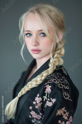 A portrait of a beautiful 18-year-old blonde girl with blue eyes, hair in French braid, wearing a black textured BJJ gi with floral searing look.