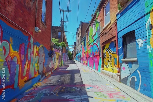 A city street adorned with an array of colorful graffiti art covering the walls, transforming the alleyway into an eye-catching and captivating urban scenery.