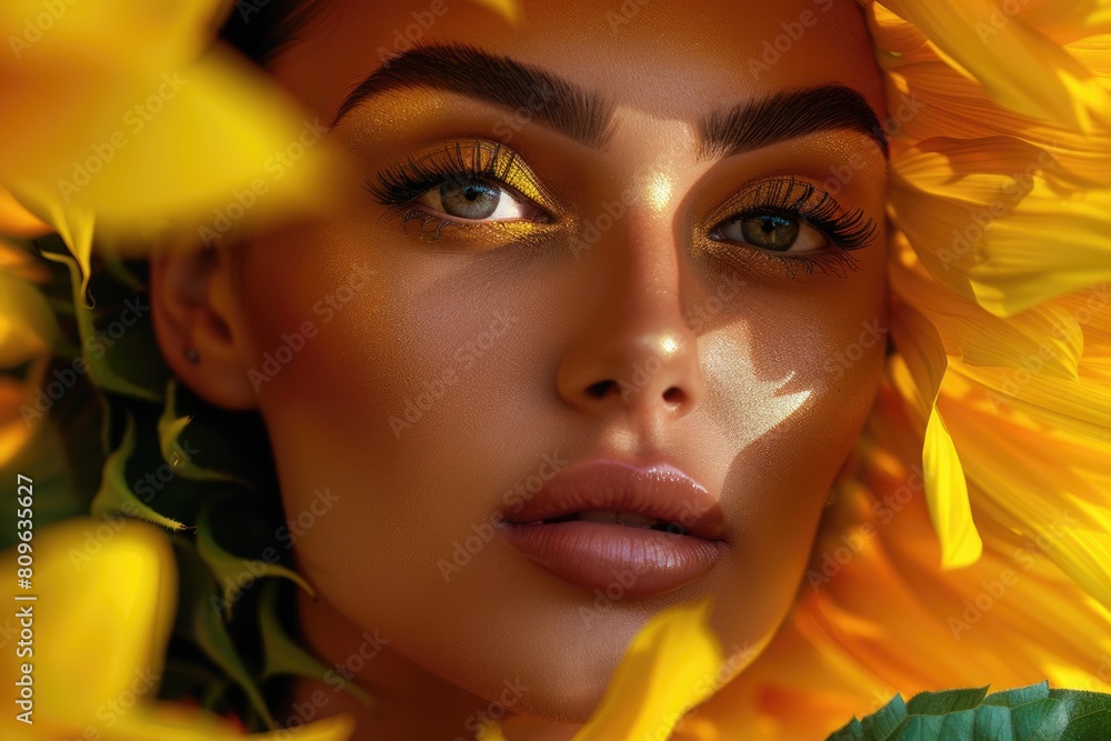 Fototapeta premium Summer Vacation Enjoying African American Woman Posing Sunflower for a photo. Fictional Character Created By Generative AI. 
