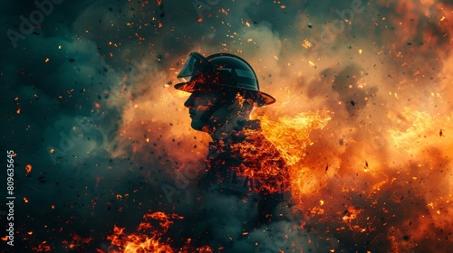 Impressive double exposure photo showcasing a firefighter in the midst of fierce flames