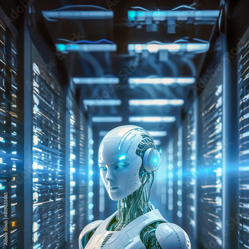 컴퓨터로 가득찬 실내를 배경으로 인공지능 로봇의 초현실적 이미지