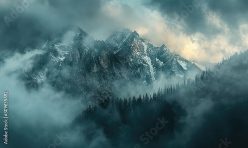 Cloudcovered mountain with trees in foreground creating a natural landscape photo