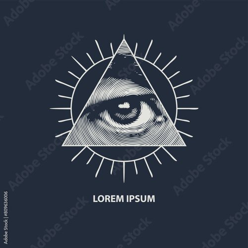 The eye of Providence in a triangular pyramid and the inscription. Monochrome icon of the Masonic sign of the All-Seeing Eye of God on black background. Vector banner in vintage style