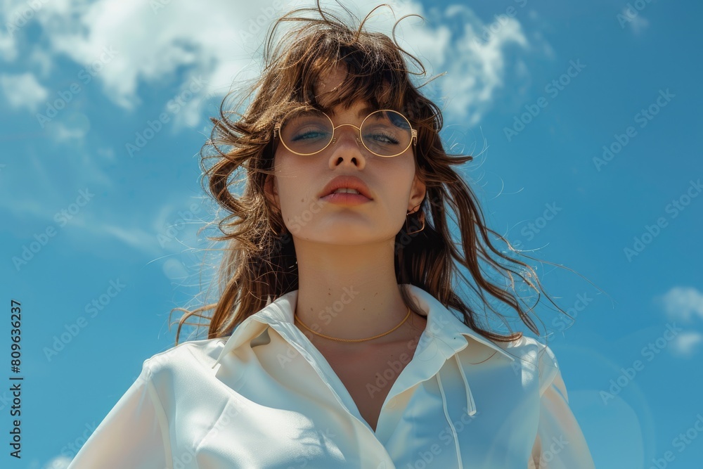 Carefree woman wearing goggles and trendy dress, photo.. Fictional Character Created By Generative AI. Carefree woman wearing goggles and trendy dress, photo.. Fictional Character Created By Generative AI.