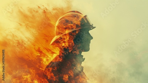 Firefighter silhouette with flames and smoke, seen from the rear view