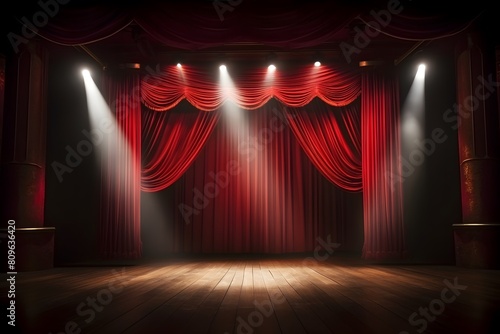 A red curtain is on a stage with a stage in the background. 