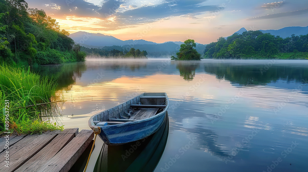 Beautiful lake landscape with row boat and old wooden lake bridge with beautiful sky and cloud background, place for rest and relax, calm water with fresh environment Beautiful lake landscape with row boat and old wooden lake bridge with beautiful sky and cloud background, place for rest and relax, calm water with fresh environment