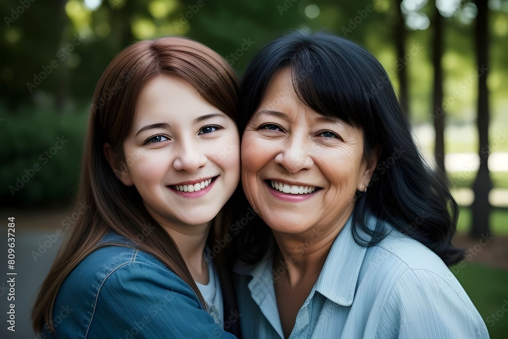 a portrait of a happy adult daughter and mother on mother's day in a park setting a portrait of a happy adult daughter and mother on mother's day in a park setting