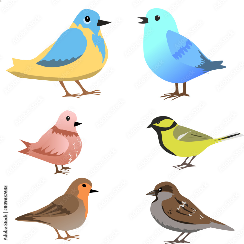 Set of spring birds. Vector cartoon illustration in childish style. Different birds. Images are isolated on white. . Vector illustration Set of spring birds. Vector cartoon illustration in childish style. Different birds. Images are isolated on white. . Vector illustration