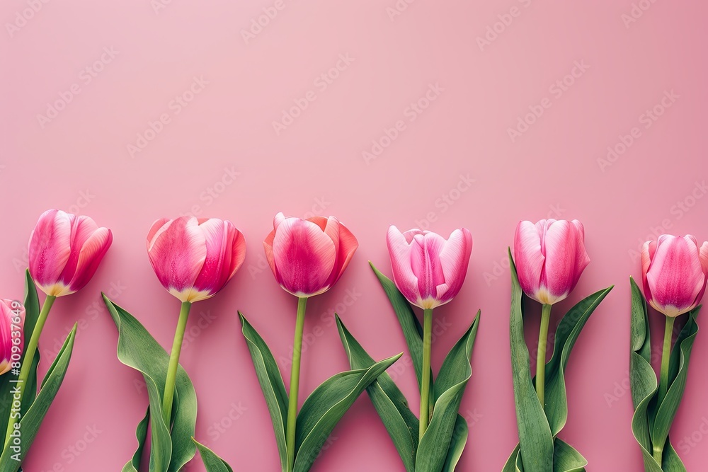 Flat lay of pink tulips on a pastel background Flat lay of pink tulips on a pastel background