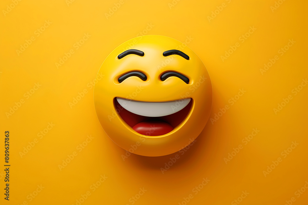 Fototapeta premium Laughing emoji face, yellow background