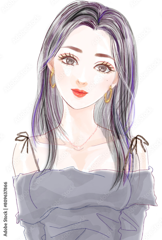 オフショルダートップス、黒髪ロングヘアの美人女性が見つめる人物イラスト
