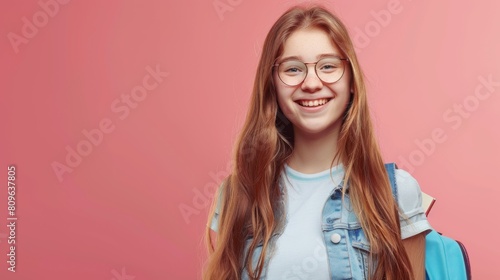 A Smiling Teenage Girl with Backpack photo