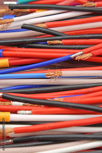 Copper electrical installation wires in colored insulation. Close-up. photo