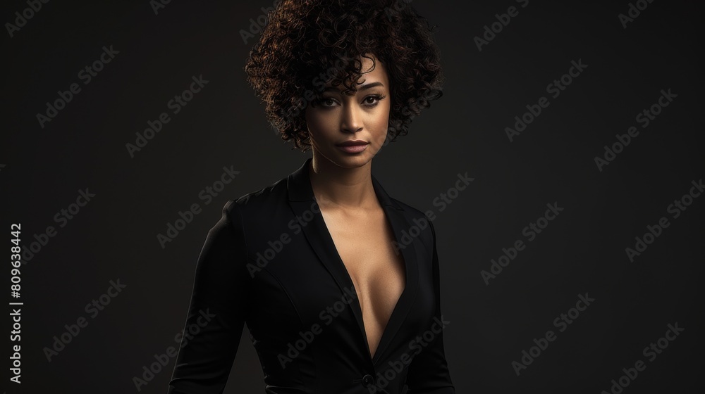 Professional Young Woman in Elegant Black Suit on Dark Background Professional Young Woman in Elegant Black Suit on Dark Background
