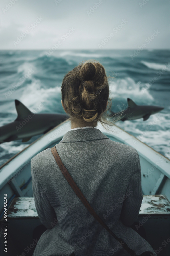 Fototapeta premium Elegant woman in a suit observes dolphins from a small boat, reflecting on leadership and navigation through turbulent waters, set against a moody ocean backdrop - AI generated