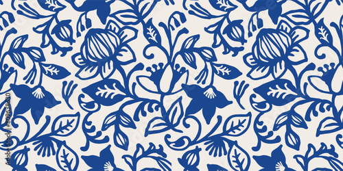 Ethnic blue seamless patterns with plant motifs. Modern abstract design for paper, cover, fabric, interior decor and other