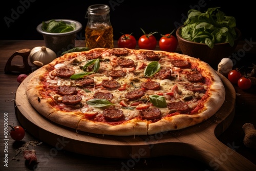 Savory Hot homemande pizza. Round restaurant. Generate Ai photo