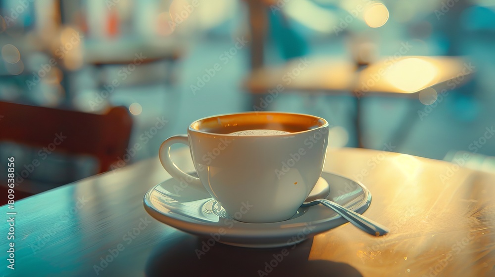 Fototapeta premium A cup of coffee on a saucer with a spoon, captured in a tilt-shift photo with anamorphic bokeh, showcasing an Italian style