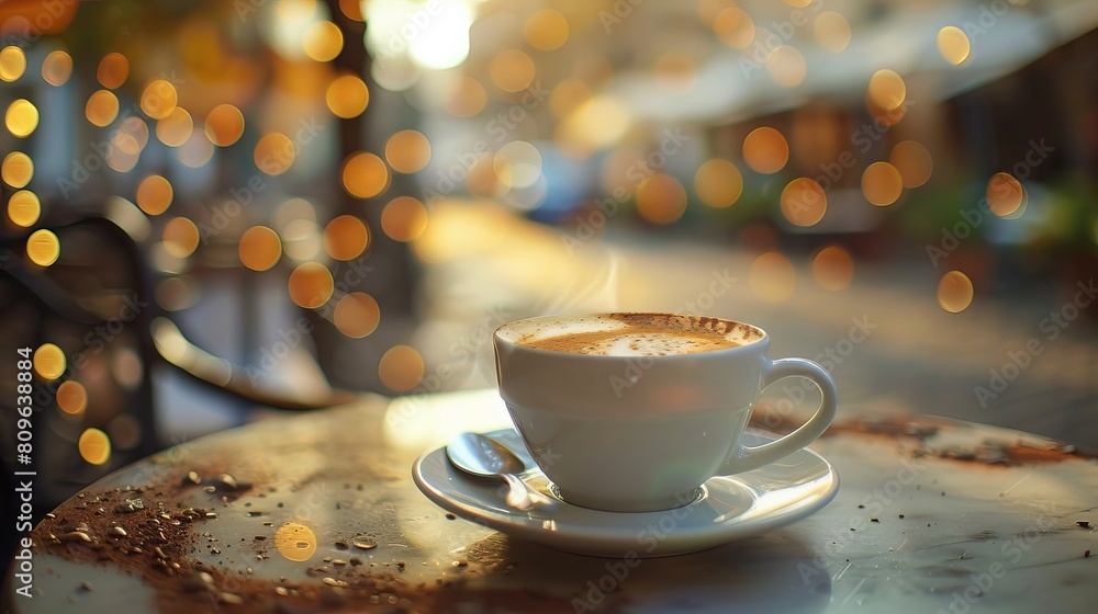 Obraz premium A cup of coffee on a saucer with a spoon, captured in a tilt-shift photo with anamorphic bokeh, showcasing an Italian style