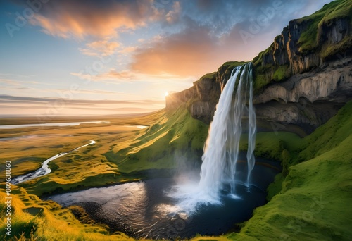 Icelandic Splendor  Seljalandsfoss Waterfall at Sunset in HDR