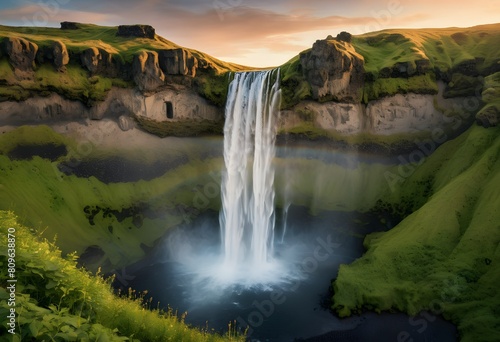 Sunset Majesty  Seljalandsfoss Waterfall in Summer s HDR Glow