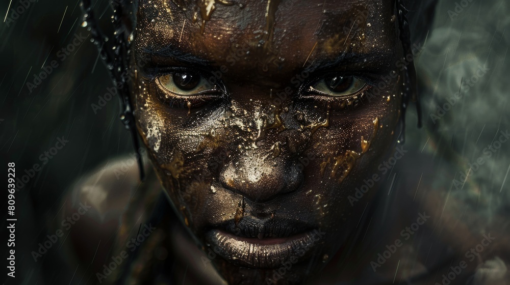 Young Woman with Raindrops and Mud on His Face Young Woman with Raindrops and Mud on His Face