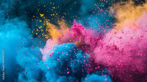 A burst of vibrant blue, pink, and yellow dust during Holi festival