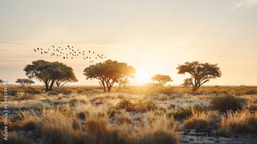 Naklejka premium Savannah at sunrise with acacia trees and flying birds