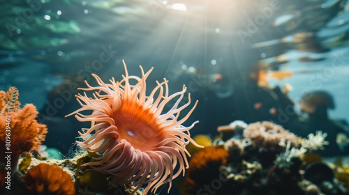 Underwater view of sea anemone illuminated by sunlight.