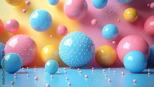 Abstract Spheres and Polka Dots Composition on Blue and Yellow Art