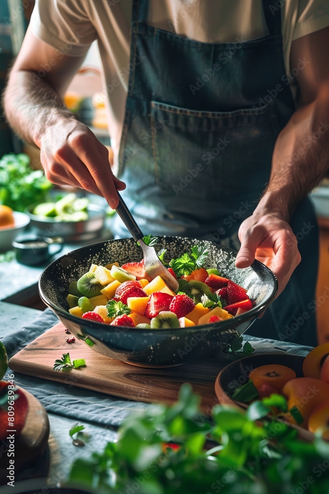 A man in an apron skillfully prepares food in a skillet. A man in an apron skillfully prepares food in a skillet.