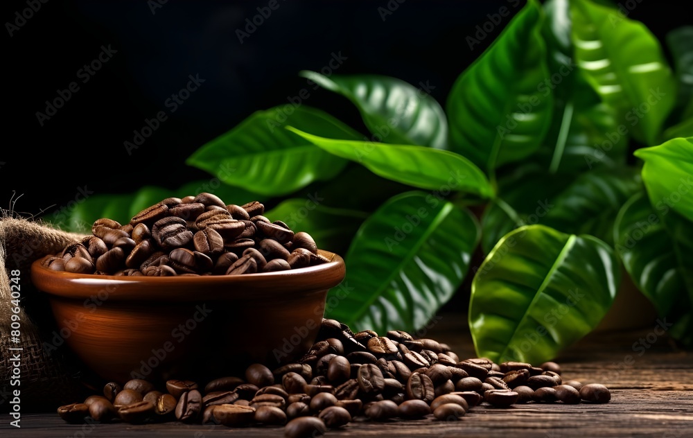 Fresh coffee beans on a wooden dark, textured backdrop Fresh coffee beans on a wooden dark, textured backdrop