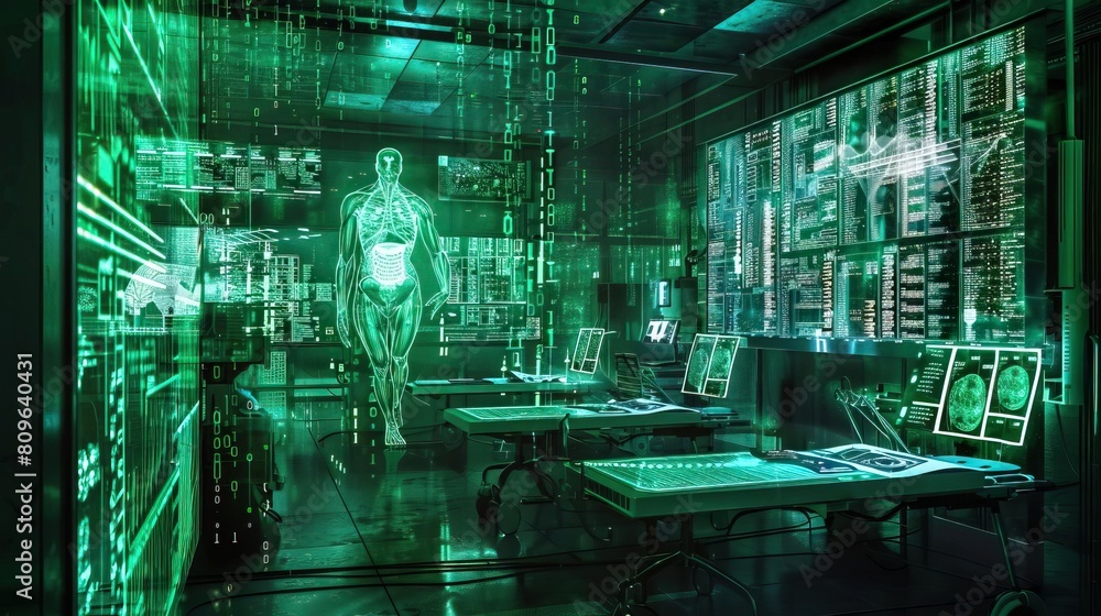 A conceptual medical lab, illuminated by green code, where an Xray of the intestines is the focal point of advanced diagnostic studies A conceptual medical lab, illuminated by green code, where an Xray of the intestines is the focal point of advanced diagnostic studies
