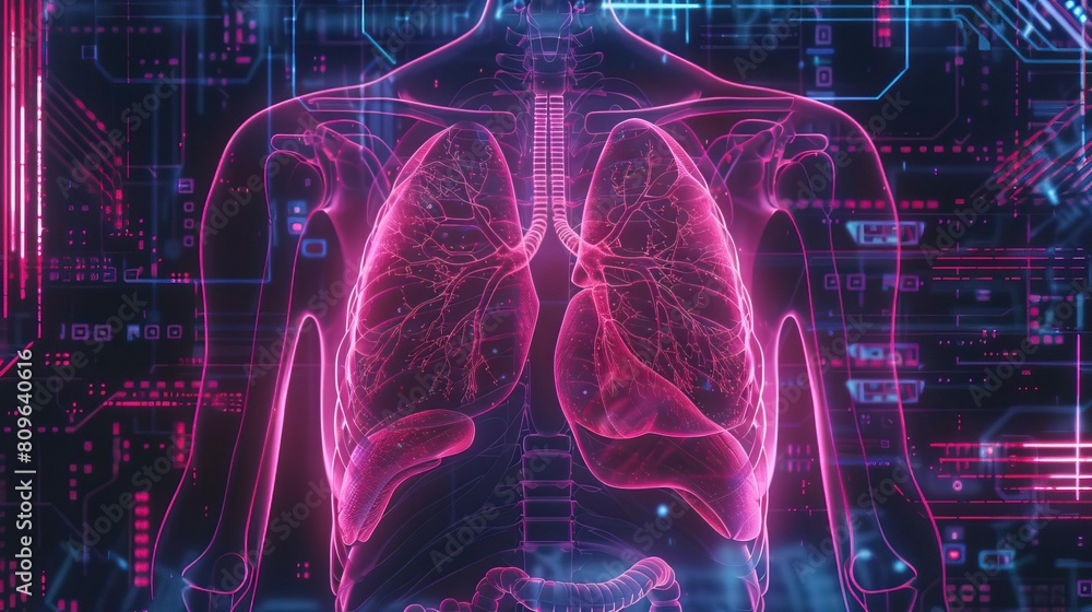 A chest Xray with cyberpunk aesthetics A chest Xray with cyberpunk aesthetics