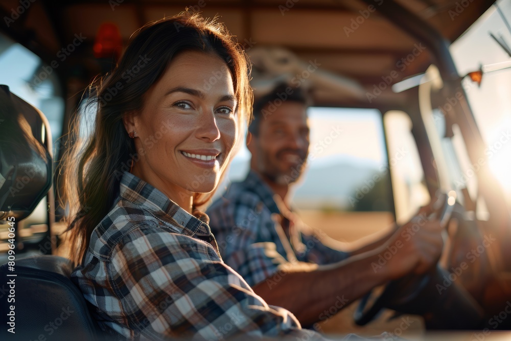 Happy couple in a tractor during sunset, showcasing a joyful countryside life with warm smiles and casual attire Happy couple in a tractor during sunset, showcasing a joyful countryside life with warm smiles and casual attire