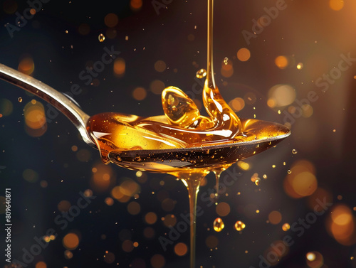 Golden Honey Pouring from Spoon