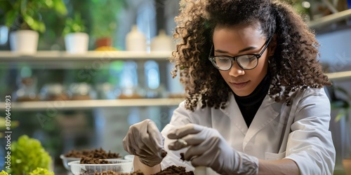 An agricultural specialist conducts soil tests on a farm and examines soil organisms in her personal lab. photo