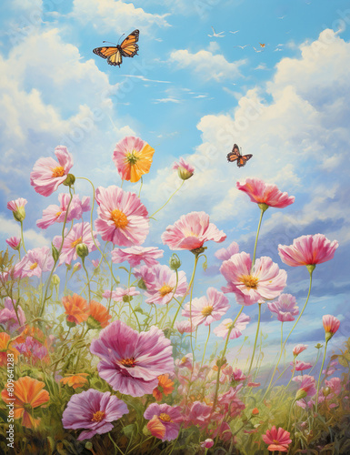 Colorful butterflies, fluffy clouds and pink cosmos flowers. Beautiful and unusual pastel color palette. Very detailed.