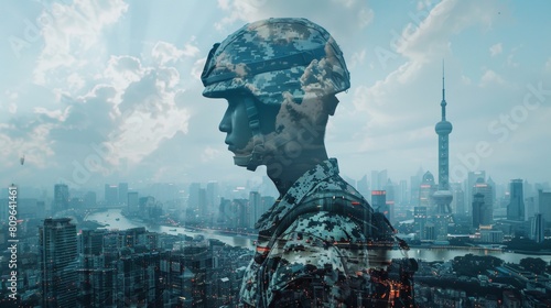 Soldier digitally integrated with urban landscape depicting modern warfare concepts