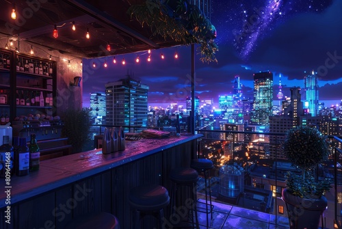 A photo showcasing a rooftop bar offering a stunning view of a brightly lit city skyline at night.